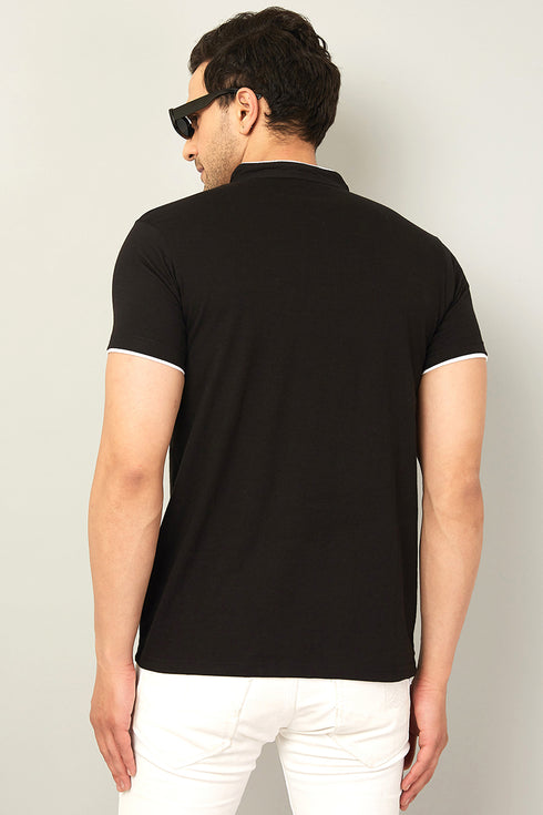 Men Black Henley Half Sleeve T-Shirt
